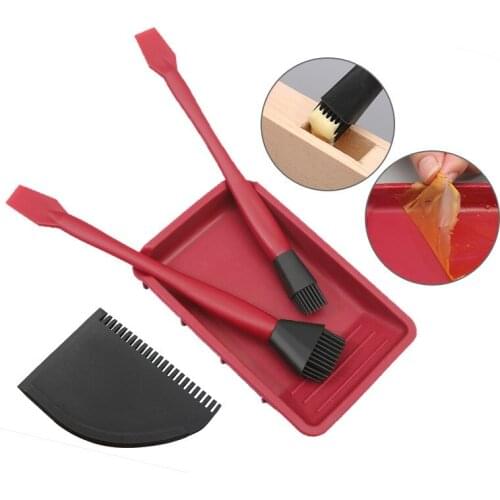 4Pc/set Washfree Silicone Brush Tool Kit Woodworking Soft Glue Brush Flat Scraper Glue Tray Wood Gluing Brushing Tools