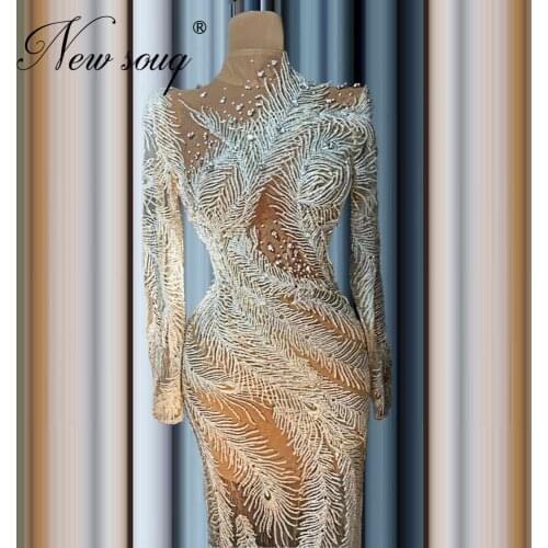 New Arrival Illusion Beaded Evening Dress Long Dubai Arabic Crystal Formal Party Gown 2020 Middle East Prom Dresses Custom Made