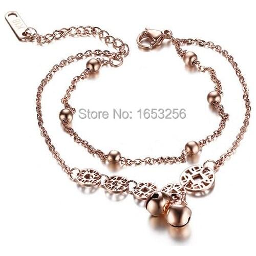 New Fashion design for women IP rose gold stainless steel Bell Chain Charms bracelet anklet 8.2"
