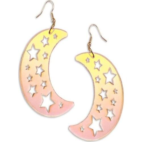 Iridescent Moon Earrings - Crescent Stars Big Transparent Clear Celestial Cosmos Space Perspex Acrylic Statement
