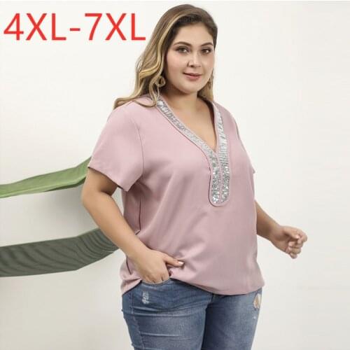 Female new summer plus size tops for women blouse large short sleeve casual loose sequins V neck shirt pink 4XL 5XL 6XL 7XL