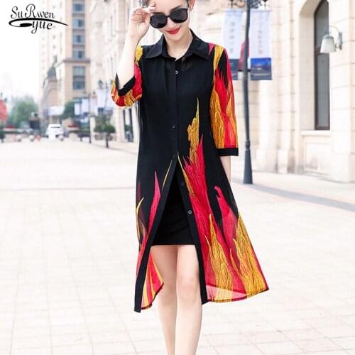 2021 Half Sleeve Loose Flower Print Blouse Women Summer Sun Protection Women Long Blouses Chiffon Cardigan Shirts Tops 9122 50