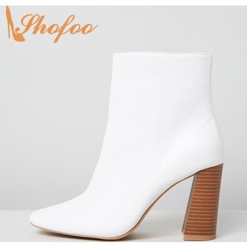 Pure White Ankle Boots Zipper High Chunky Heels Square Toe Booties Ladies Fashion Sweet Winter Shoes Large Size 12 15 Shofoo