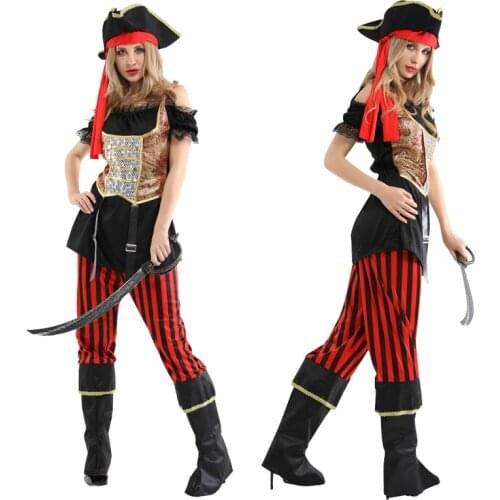 Halloween Women Queen Pirates Captain Costume With Headwear Role Playing Cosplay Suits Fancy Adult Stage Performance Dress