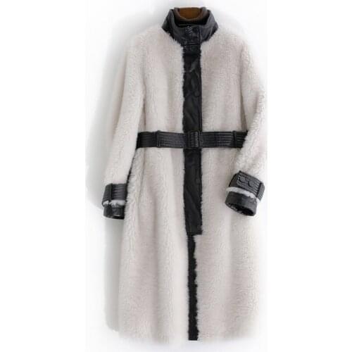 Womens Real Fur Coat Natural Wool Female Sheep Shearling Coats Women Winter Warm Long Trench Jackets With Belt LX 2479