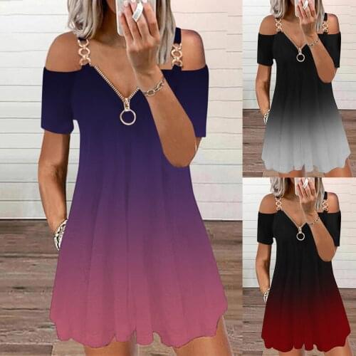 2021 Summer Gradient Dress Women Fashion Casual V-Neck Short Sleeve Strap Dresses Open Back Sexy Zipper Printing Robe Femme