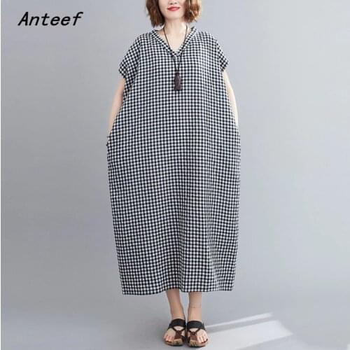 Short sleeve cotton vintage plaid dresses for women casual loose long summer woman sun dress elegant clothes 2021 sundress