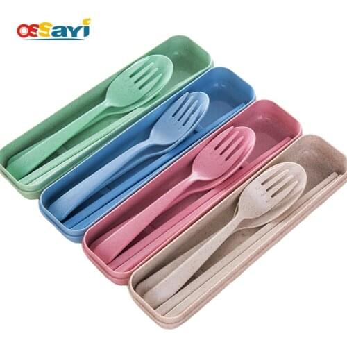 3Pcs Cutlery Set Cute Portable Travel Adult Cutlery Wheat Straw Fork Camping Picnic Set Gift for Child Office People Dinnerware