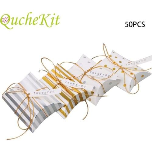 50PCS White Gold Candy Kraft Paper Box With Card&Rope Pillow Shape Pastry Pie Jewelry Gift Packaging Bags Wedding Party Supplies