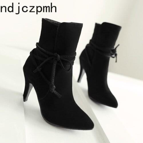 Womens Boots New winter fashion Pointed Lace-up High heel Martin boots Womens shoes plus size 33-43 Heel Height 8.5cm black