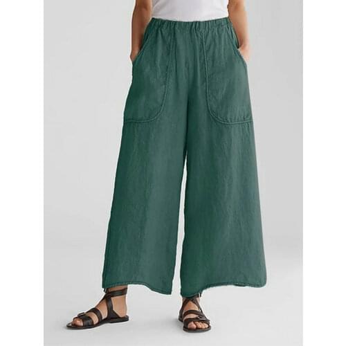 Womens elastic belt pockets big trouser legs solid color cotton and linen casual comfortable loose wide-leg pants