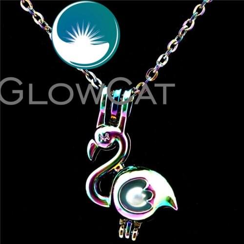 GLOWCAT C655 Rainbow Colors Flamingos Beads Cage Essential Oil Diffuser Aromatherapy Pearl Cage Locket Necklace