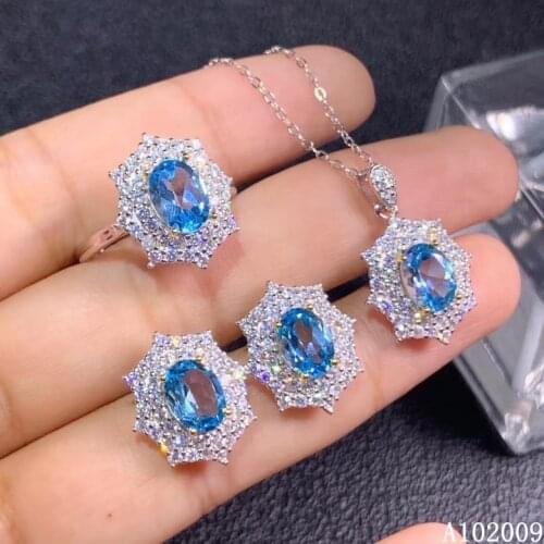 KJJEAXCMY fine jewelry 925 sterling silver inlaid natural blue topaz earrings ring pendant popular girl suit support test