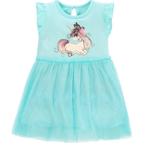 Little Maven New Spring Autumn Kids Sky Blue O-neck Printed Pegasus Gauze Patchwork Girls 2-7yrs Short Cotton Knitted Dresses