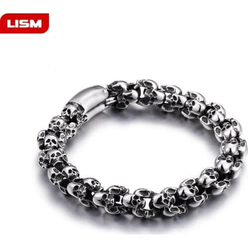 Punk 22.5cm Long Skull Bracelets For Men Stainless Steel Shiny Skull Charm Link Chain Brecelets Male Gothic Jewelry 2019