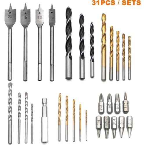 31pcs/sets Woodworking Bit Drills Set Plastic Boxed Household Sets Of Hand Tools Variety Models Sizes Hss Drill Screwdriver Bit