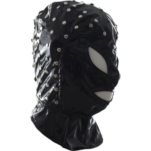 Night Party Cosplay Costumes of Wetlook Leather Bondage Hood Mask with Metal Rivet for Fetish Bdsm Adults Games Sex Shop