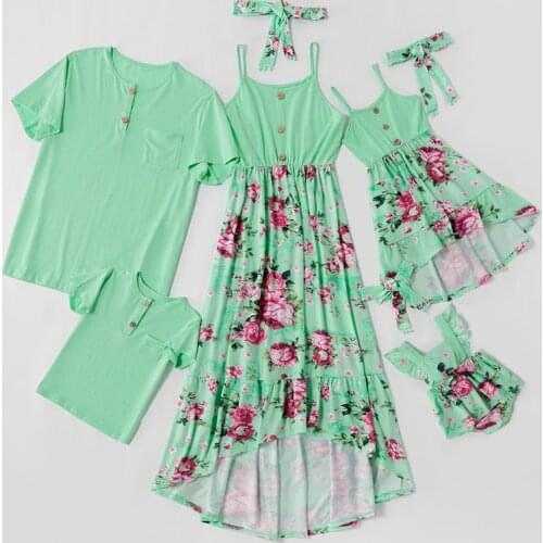 Family Matching Outfits 2021 Summer Printed Mom Dad Childrens Sling Dress T Shirt Parent Child Wear Mother Girl Boy Baby Clothes