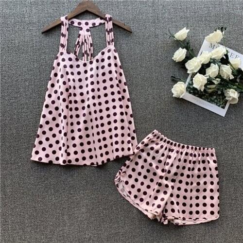 Summer Ice Silk Print Pajama Women Sense Backless Halter Shorts Pajama Suit Wave Point Homewear Lounge Intimate Lingerie Пижам