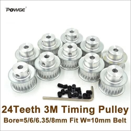 POWGE 10pcs 24 Teeth 3M Timing Pulley Bore 5/6/6.35/8mm Fit Width 10mm HTD3M Belt 24T 24Teeth HTD 3M Pulley CNC Engraving