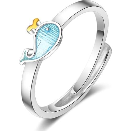 XIYANIKE 925 Sterling Silver Simple Blue Little Whale Adjustable Open Ring Cute Dolphin For Women Finger Accessories Jewelry