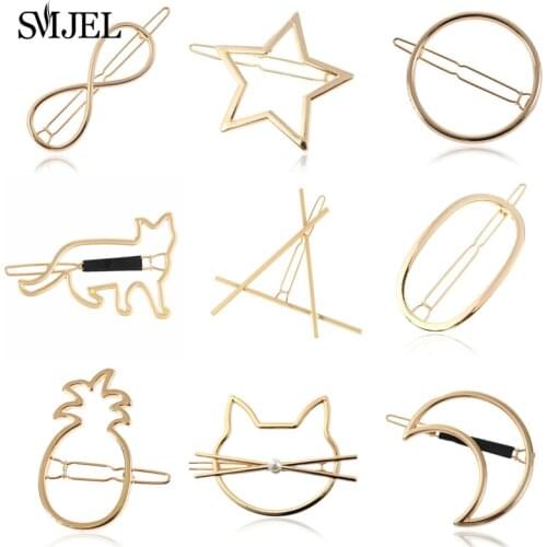 SMJEL Simple Hair Clip Wild Geometric Circle Moon Heart Hairpin Cute Cat Clip Headwear Elegant Metal Wedding Hair Accessories