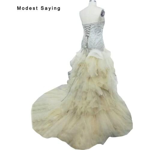 Luxury Champagne and Grey Mermaid Beaded Wedding Dresses 2018 with Ruffled Skirt Formal Long Lace Bridal Gowns vestido de noiva