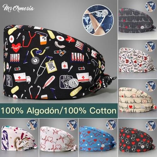 Cotton Cartoon Anime Printing Hats Adjustable Scrub Hat Beauty Salon Working Cap Laboratory Pet Shop Scrubs Women Caps Custom