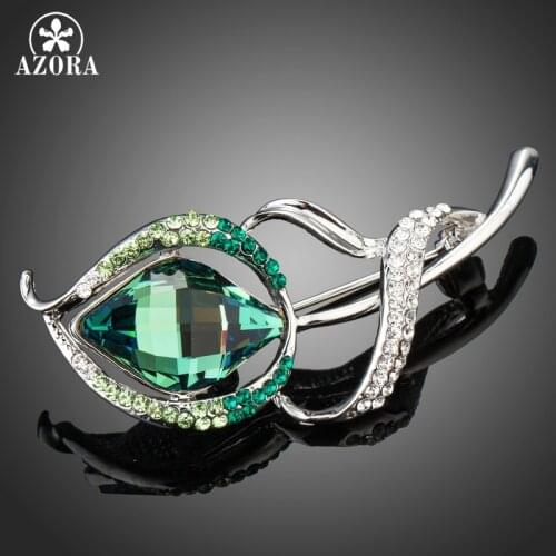 AZORA New Trendy White Gold Color Luxury Flower Shape Brooch With Green Crystals for Women Daily-life Brooch Jewelry TP0069