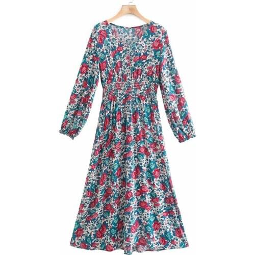 YENKYE Vintage Multicolor Floral Print Long Dress Women O Neck Elastic Waist A-line Casual Autumn Dress Cotton Vestido