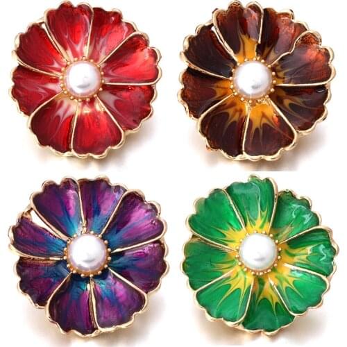 5pcs/lot New Gold Snaps Jewelry Big Pearl Oil Painting Flower 18mm Snap Buttons Fit Snap Button Jewelry Bracelet Bangle Necklace