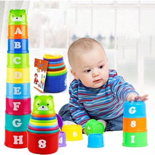 9PCS Bear Stack Tower Cup Educational Baby Toys Figures Folding Tower Funny Piles Cup Letter Toy for Kids Intelligence Baby Toys