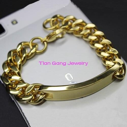 Free Shipping 2015 New Gift Mens ID Bracelet Stainless Steel Gold Bracelets For Men 22cm*13.4mm High Quality
