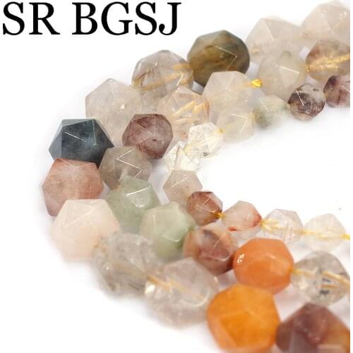 Free Shipping 6mm 8mm 10mm Faceted Round Polygonal Mixed Rutilated Quartz Gems Natural Stone Beads 15"