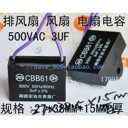 Free Shipping!! CBB61 / 500V / 3UF / hoods / exhaust fan capacitor 27 * 38 * 15MM square thick /Electronic Component