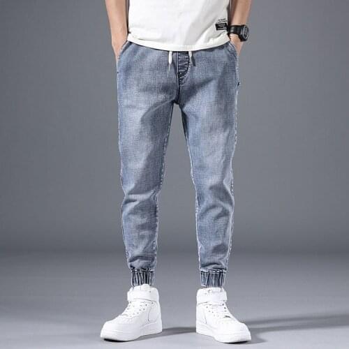 My303 Men Drawstring Jeans Spring Summer Japanese Tooling Fresh Trendy Street Cowboy Workwear Slim Fit Harem Cropped Denim Pants