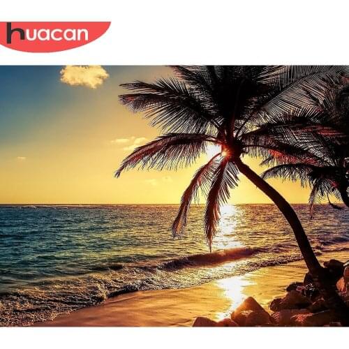 HUACAN Diy Diamond Painting Seaside Sunset Scenery Diamond Art Mosaic Embroidery Tree Beach Wall Stickers