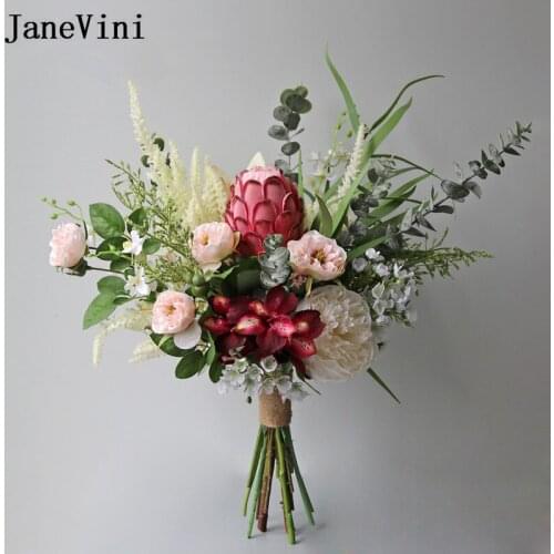 JaneVini Nepbloemen Artificial Emperor Flowers Bridal Bouquet 2021 Vintage Autumn Orange Red Roses Wedding Bouquets Bride Flower