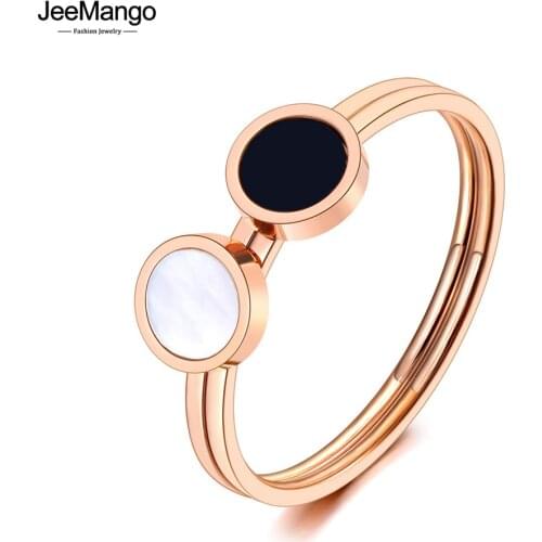 JeeMango Fashion 316L Stainless Steel White/Black Acrylic Engagement Party Rings For Women Girls Jewelry Anillo JR20059