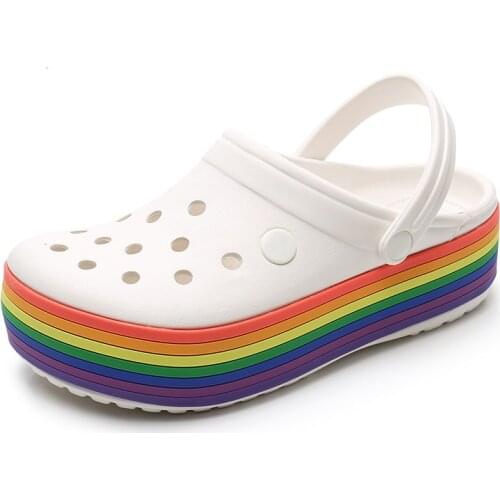 RUIHE Summer Clogs Garden Shoes for Women 5CM High Heel Lightweight EVA Indoor Hole Slippers 3D Rainbow Rubber Stripe New Design