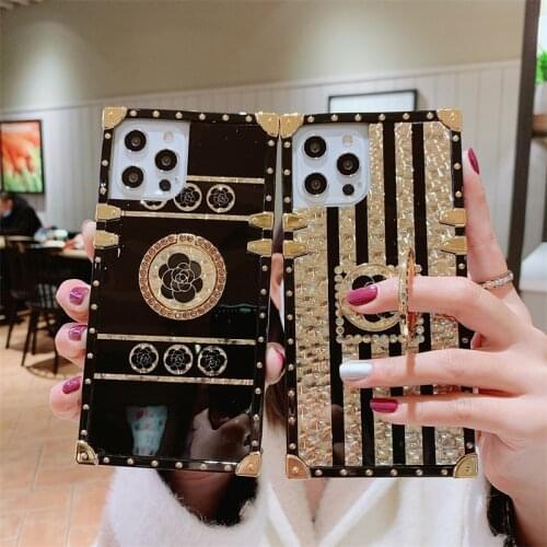 Fashion Flower Diamond Bracket square Phone case For iPhone 12mini 11Pro Max XS XR 7 8 Plus SE cover For Samsung Note20 S21Ultra