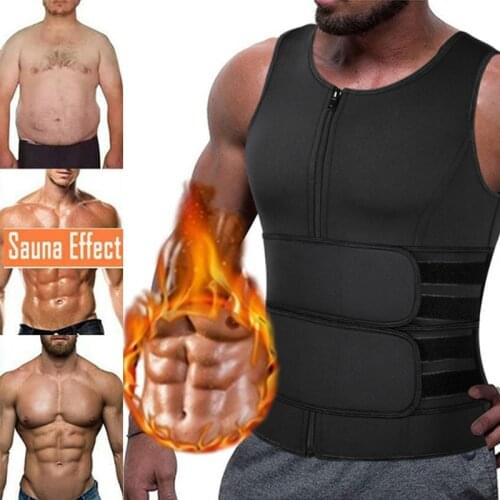 Men Neoprene Sauna Workout Waist Trainer Trimmer Weight Loss Body Shaper Slimming Belt Sweat Vest with Double Belly Belts