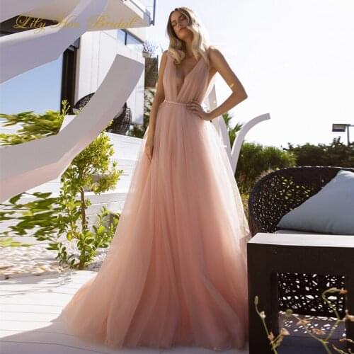 2020 New Colored Wedding Dress Dusty Pink Simple Sexy Plunging Deep V Neck Open Back Soft Tulle A-line Bridal Gown Tv03