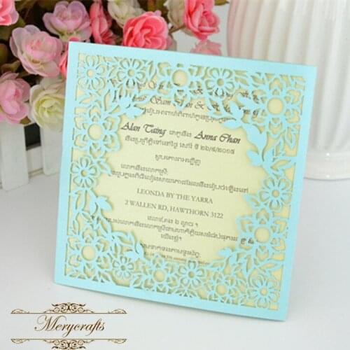 New cute unique small flowers wedding cards laser cut blue invitations cards