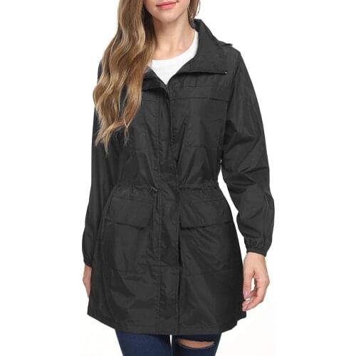 Women Hooded Raincoat Windbreaker Rain Clothes Elastic Waist Hooded Jackets Windproof Zipper Rainwear Chic Long Jacket Coats