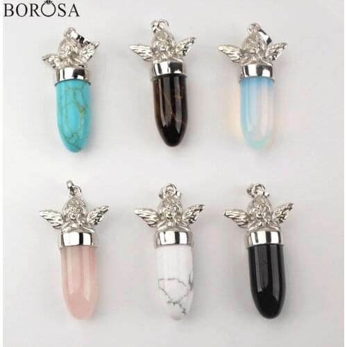Bullet Shape Natural Agates Howlite Healing Point Pendants Silver Plated Cupid Angel Charm for Women Necklace Jewelry WX1360