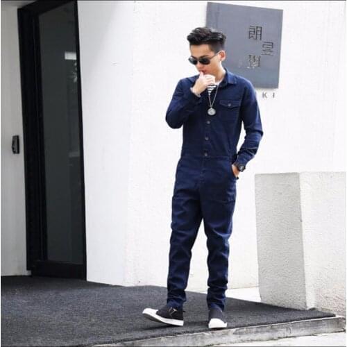 Hot New Fashion Men 's Korean Casual Trousers Vintage Tooling Jumpsuit Bodysuit Solid Color Suspenders Casual Trousers Costumes