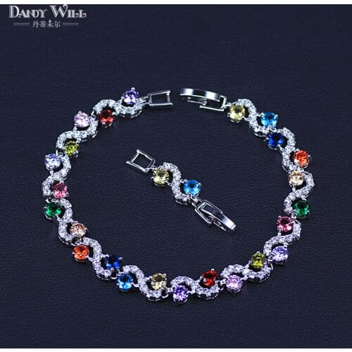 Handmade Luxury Women CZ Crystal Jewery White silver Color Rainbow Colorful Cubic Zirconia Stone Female Bracelets Bangles BR060
