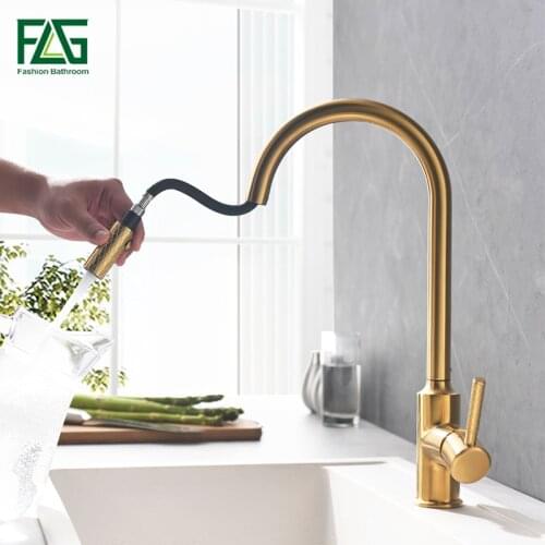 FLG Brushed Gold Kitchen faucets Pull Out Black kitchen Mixer Tap Single Handle 360 Degree Swivel Sink faucet 1076-33NG