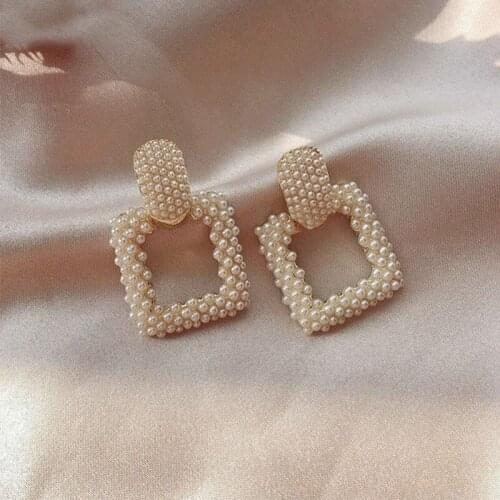French Romantic Small Pearl Square Dangle Earrings Fashion Korean jewelry 2020 New Wedding Party Girls Unusual Luxury Earrings